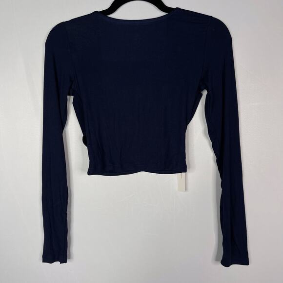 New Ododos Small Navy Blue Cropped Cross Wrap Front Long Sleeve Top Deep V Neck - Picture 2 of 10